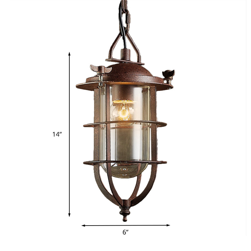 Rust Caged Lantern Pendant Fixture Coastal Clear Glass Single-Bulb Living Room Hanging Ceiling Light Clearhalo 'Ceiling Lights' 'Close To Ceiling Lights' 'Glass shade' 'Glass' 'Industrial Pendants' 'Industrial' 'Middle Century Pendants' 'Pendant Lights' 'Pendants' 'Tiffany' Lighting' 136315