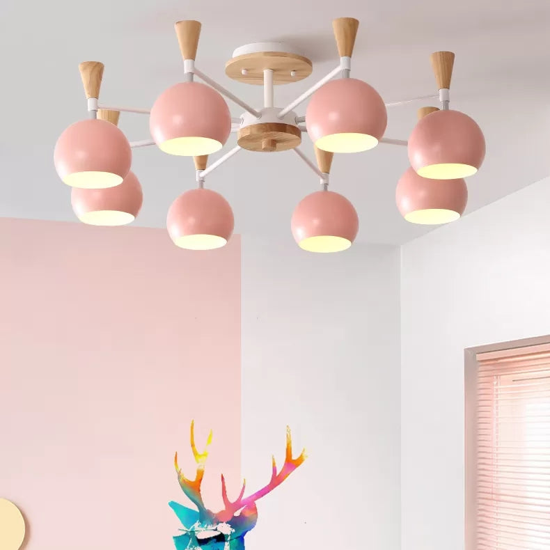 Wood and Metal Ceiling Light, 3 Lights Semi Flush Mount Lighting with Orb Shade for Kids Bedroom Nordic Style Clearhalo 'Ceiling Lights' 'Close To Ceiling Lights' 'Close to ceiling' 'Semi-flushmount' Lighting' 13688