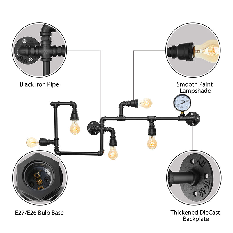 5 Bulbs Wall Lighting Vintage Style Twisted Pipe Metallic Wall Mounted Lamp with Pressure Gauge in Black Clearhalo 'Art deco wall lights' 'Cast Iron' 'Glass' 'Industrial wall lights' 'Industrial' 'Middle century wall lights' 'Modern' 'Rustic wall lights' 'Tiffany' 'Traditional wall lights' 'Wall Lamps & Sconces' 'Wall Lights' Lighting' 137061