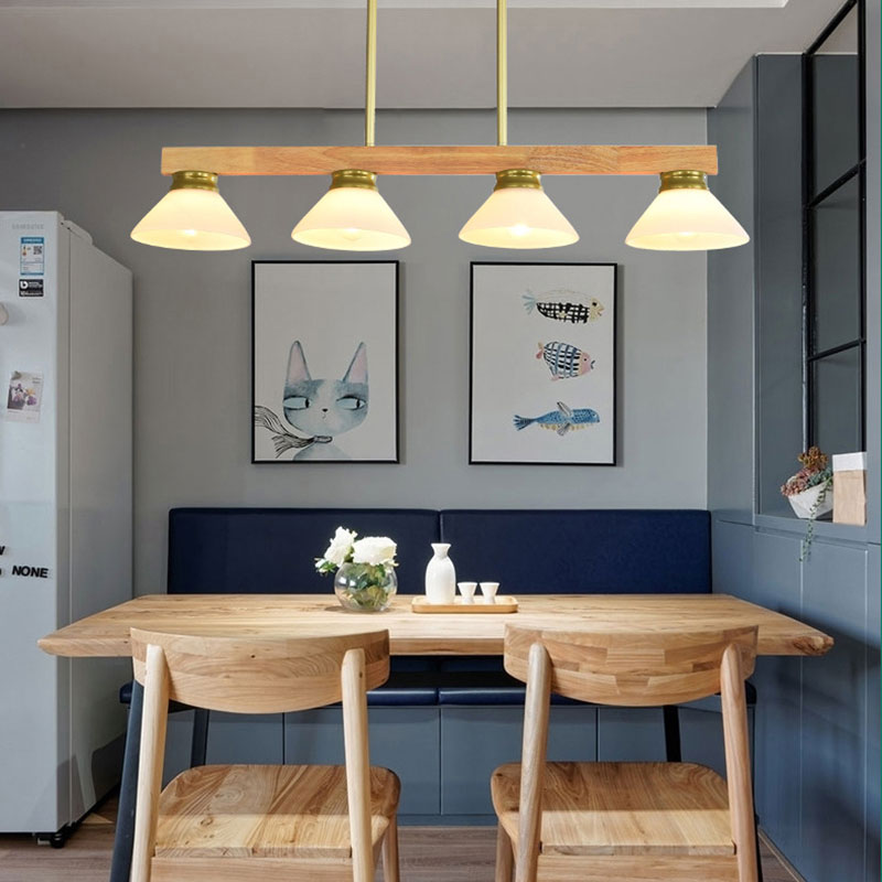 Wooden Cone Shade Island Chandelier 3/4 Heads Nordic Style Linear Pendant Light over Kitchen Island 4 Gold Clearhalo 'Ceiling Lights' 'Island Lights' Lighting' 137356