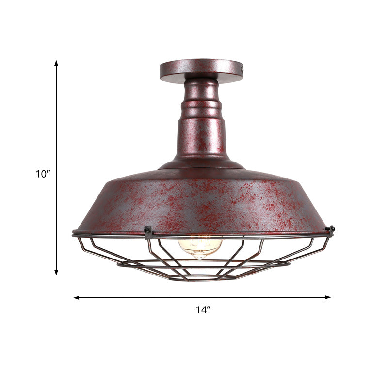 1 Head Barn Semi Flush Ceiling Light Antique Style Rust Iron Ceiling Fixture Light with Cage Shade Clearhalo 'Ceiling Lights' 'Close To Ceiling Lights' 'Close to ceiling' 'Semi-flushmount' Lighting' 137748