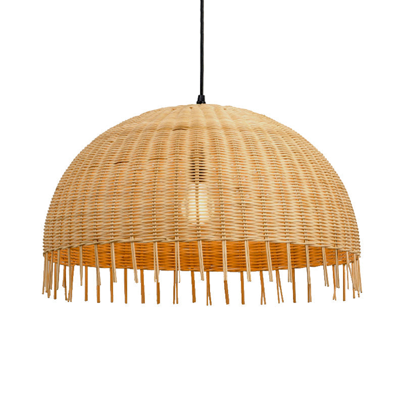 Beige Hand-Woven Pendant Light Fixture with Dome Shade Modern Style 12