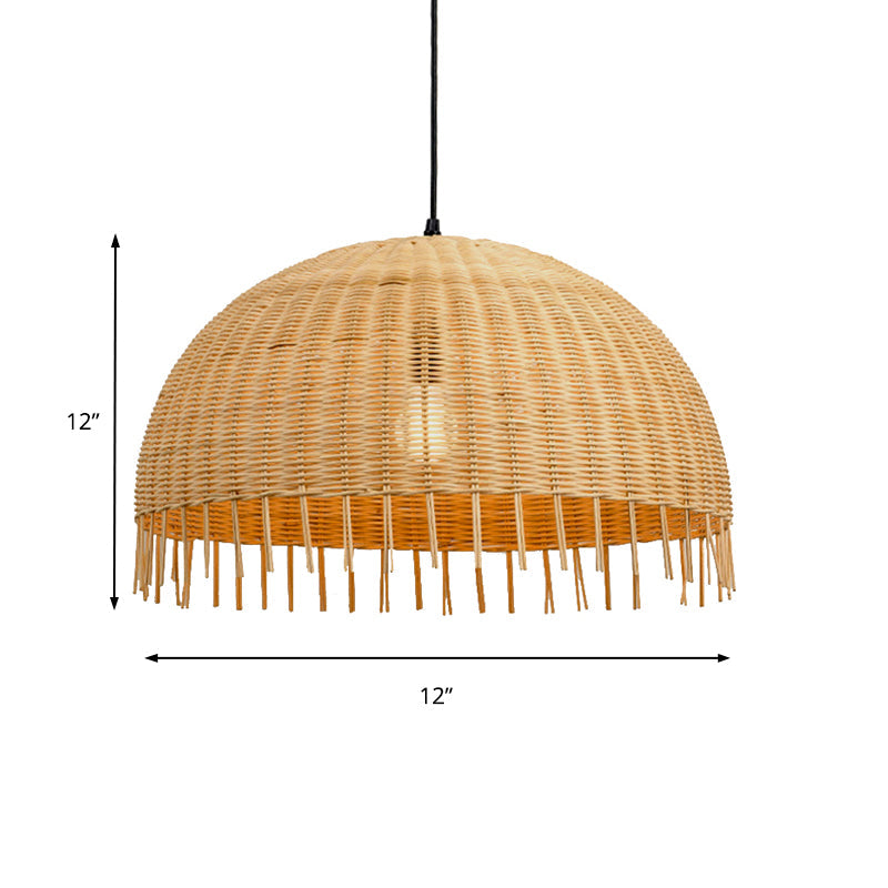 Beige Hand-Woven Pendant Light Fixture with Dome Shade Modern Style 12