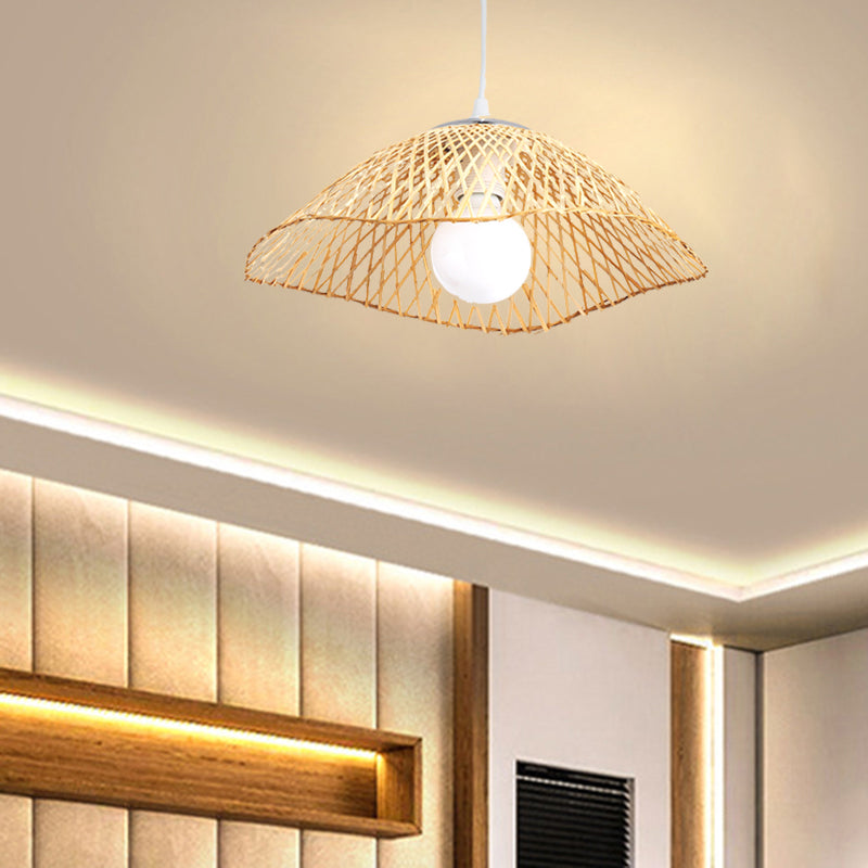 Hand-Knitted Bamboo Pendant Light with Dome Shade Asian Style 1 Head Beige Hanging Lamp for Living Room, 14