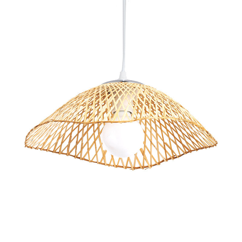 Hand-Knitted Bamboo Pendant Light with Dome Shade Asian Style 1 Head Beige Hanging Lamp for Living Room, 14