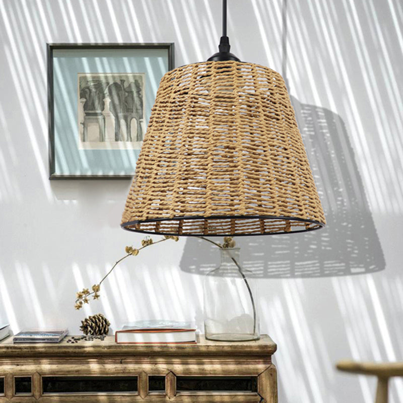 Bucket Hanging Light Fixture Modern Woven Rattan 1-Light Indoor Pendant Lamp in Beige Clearhalo 'Ceiling Lights' 'Pendant Lights' 'Pendants' Lighting' 138262