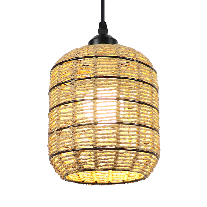 Lantern Suspension Pendant Asian Woven Rattan Single Light Beige Pendant Lamp for Bedroom Clearhalo 'Ceiling Lights' 'Pendant Lights' 'Pendants' Lighting' 138274