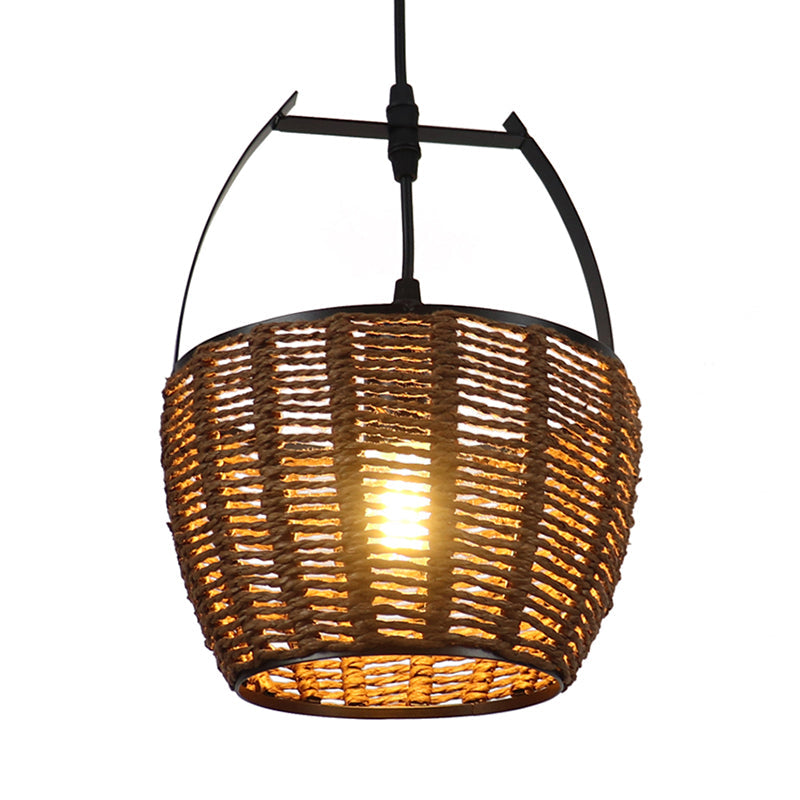 Hand-Woven Rattan Bucket Pendant Light Rustic One Bulb Hanging Lamp in Brown for Living Room Clearhalo 'Ceiling Lights' 'Pendant Lights' 'Pendants' Lighting' 138290