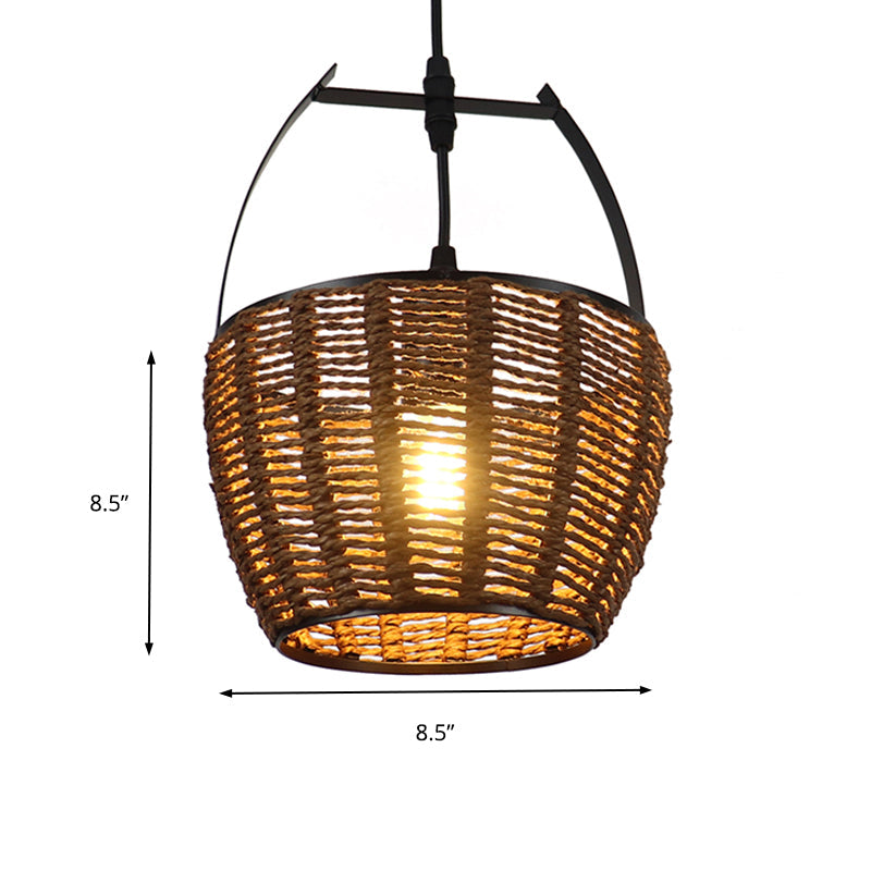 Hand-Woven Rattan Bucket Pendant Light Rustic One Bulb Hanging Lamp in Brown for Living Room Clearhalo 'Ceiling Lights' 'Pendant Lights' 'Pendants' Lighting' 138291