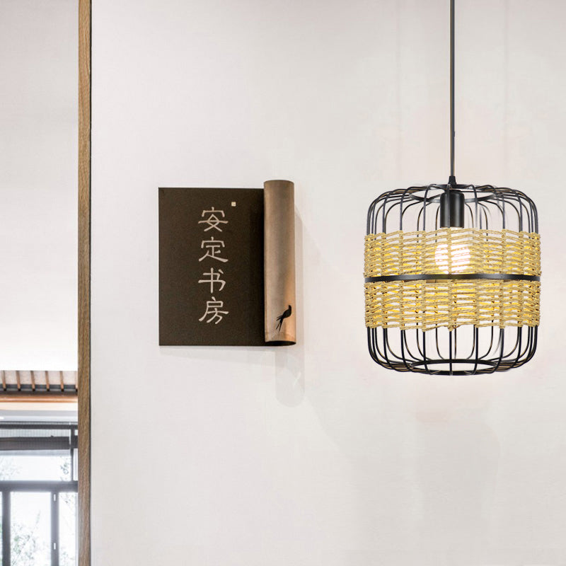 Cylinder Metal Cage Hanging Lamp Modern Straw Rope 1-Light Beige Drop Ceiling Light for Bedroom Restaurant Clearhalo 'Ceiling Lights' 'Pendant Lights' 'Pendants' Lighting' 138303