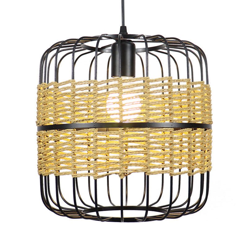 Cylinder Metal Cage Hanging Lamp Modern Straw Rope 1-Light Beige Drop Ceiling Light for Bedroom Restaurant Clearhalo 'Ceiling Lights' 'Pendant Lights' 'Pendants' Lighting' 138305