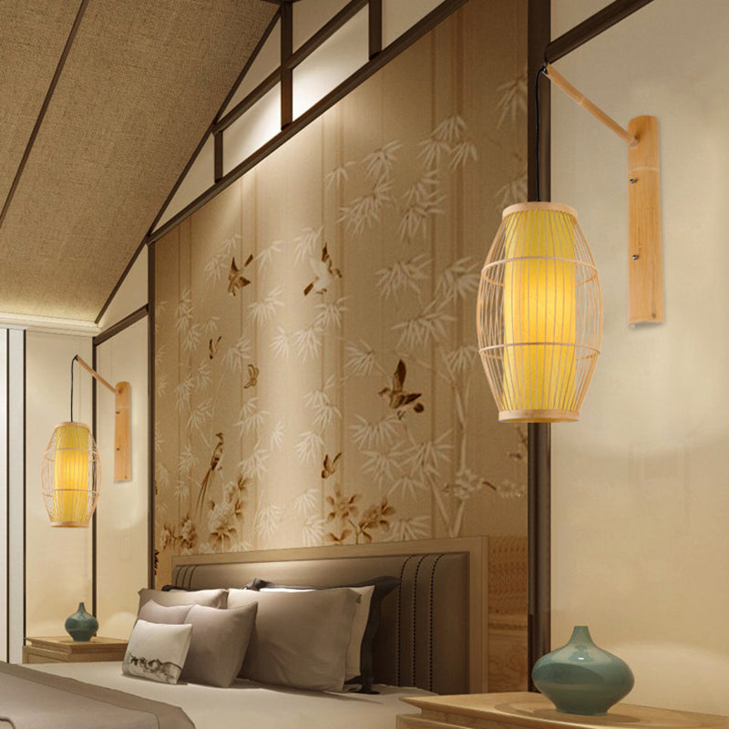 Asian Style Oblong Hanging Wall Light Bamboo 1 Bulb Bedroom Sconce Light Fixture in Beige Clearhalo 'Wall Lamps & Sconces' 'Wall Lights' Lighting' 138499