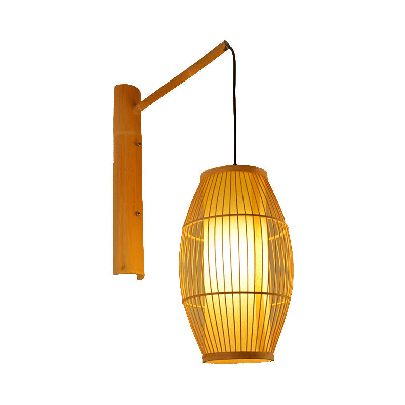 Asian Style Oblong Hanging Wall Light Bamboo 1 Bulb Bedroom Sconce Light Fixture in Beige Clearhalo 'Wall Lamps & Sconces' 'Wall Lights' Lighting' 138500