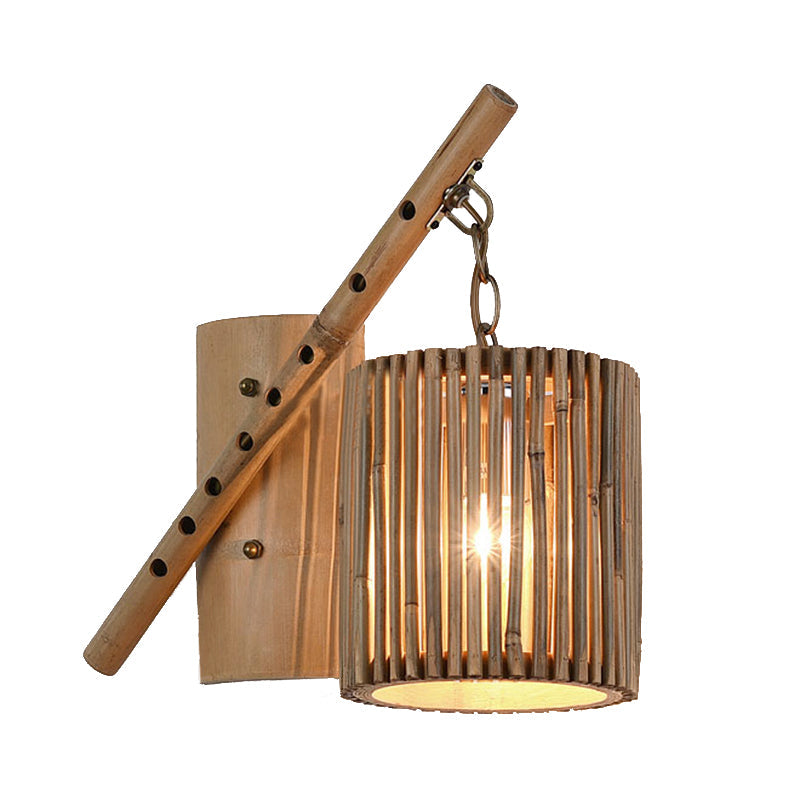 Bamboo Cylindrical Shade Wall Light Sconce Asian Style 1 Light Wood Wall Lamp with Flute Decoration, Left/Right Clearhalo 'Wall Lamps & Sconces' 'Wall Lights' Lighting' 138562