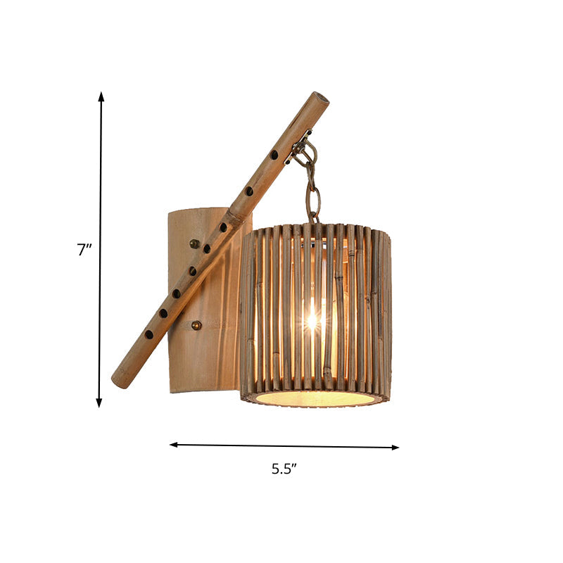 Bamboo Cylindrical Shade Wall Light Sconce Asian Style 1 Light Wood Wall Lamp with Flute Decoration, Left/Right Clearhalo 'Wall Lamps & Sconces' 'Wall Lights' Lighting' 138563