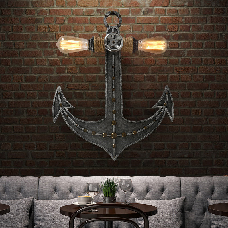 2 Lights Anchor Wall Lamp Nautical Industrial Wrought Iron Sconce Lighting for Restaurant Clearhalo 'Wall Lamps & Sconces' 'Wall Lights' Lighting' 138959