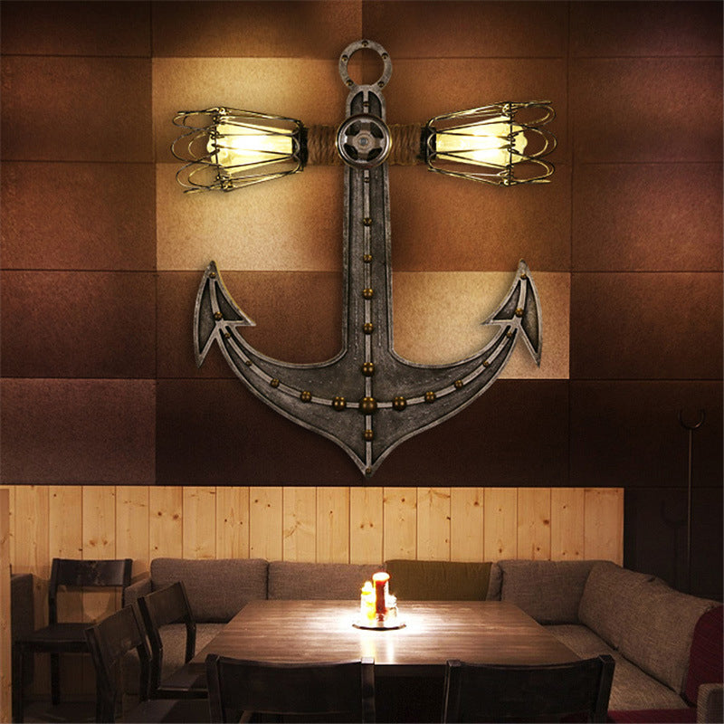 2 Lights Anchor Wall Lamp Nautical Industrial Wrought Iron Sconce Lighting for Restaurant Clearhalo 'Wall Lamps & Sconces' 'Wall Lights' Lighting' 138965