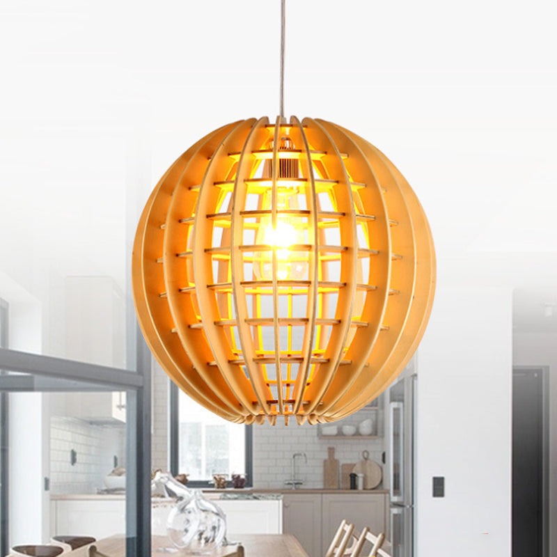 Wooden Globe Pendant Light Asian Style 1-Light Suspension Lamp in Natural Wood for Dining Room Clearhalo 'Ceiling Lights' 'Pendant Lights' 'Pendants' Lighting' 139035