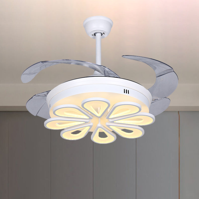 Contemporary Floral Hanging Fan Lamp Acrylic LED White Close to Ceiling Light with 4 Clear Blades, 42
