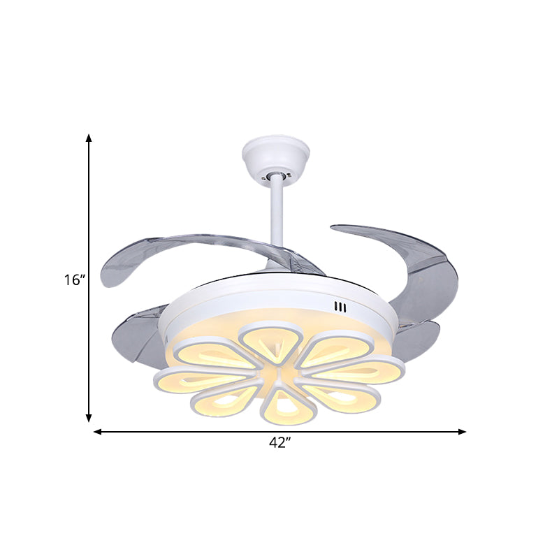 Contemporary Floral Hanging Fan Lamp Acrylic LED White Close to Ceiling Light with 4 Clear Blades, 42