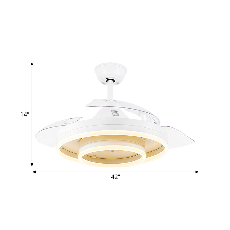Double Round Hanging Fan Light Minimalism Acrylic LED White Close to Ceiling Lamp with 3 Clear Blades, 42
