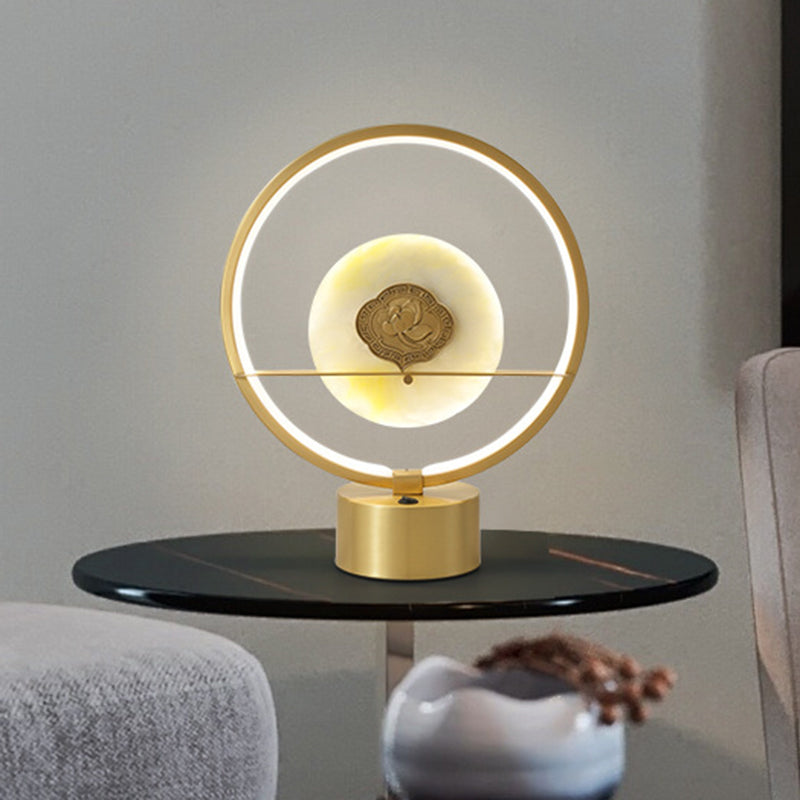 Nordic Style Ring Night Light Metallic LED Bedside Table Lighting with Round Jadeite Inside in Gold Gold Clearhalo 'Lamps' 'Table Lamps' Lighting' 1391643