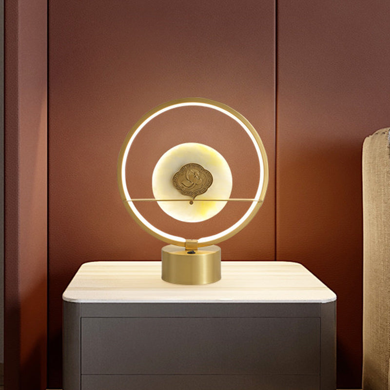 Nordic Style Ring Night Light Metallic LED Bedside Table Lighting with Round Jadeite Inside in Gold Clearhalo 'Lamps' 'Table Lamps' Lighting' 1391644
