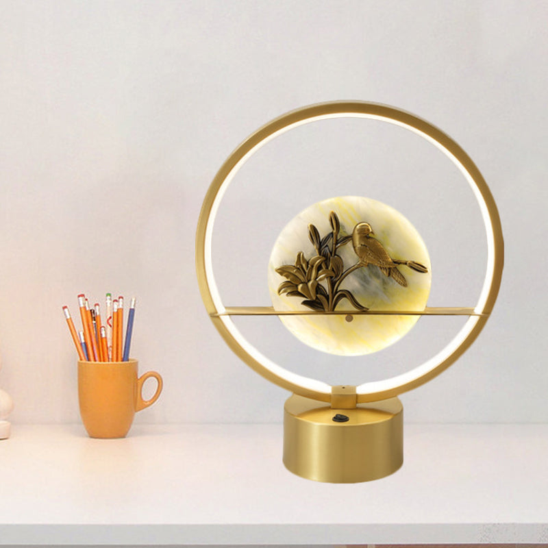 Circle Night Table Light Modernist Metal LED Gold Desk Lamp with Inner Flower and Bird Decor Gold Clearhalo 'Lamps' 'Table Lamps' Lighting' 1391647