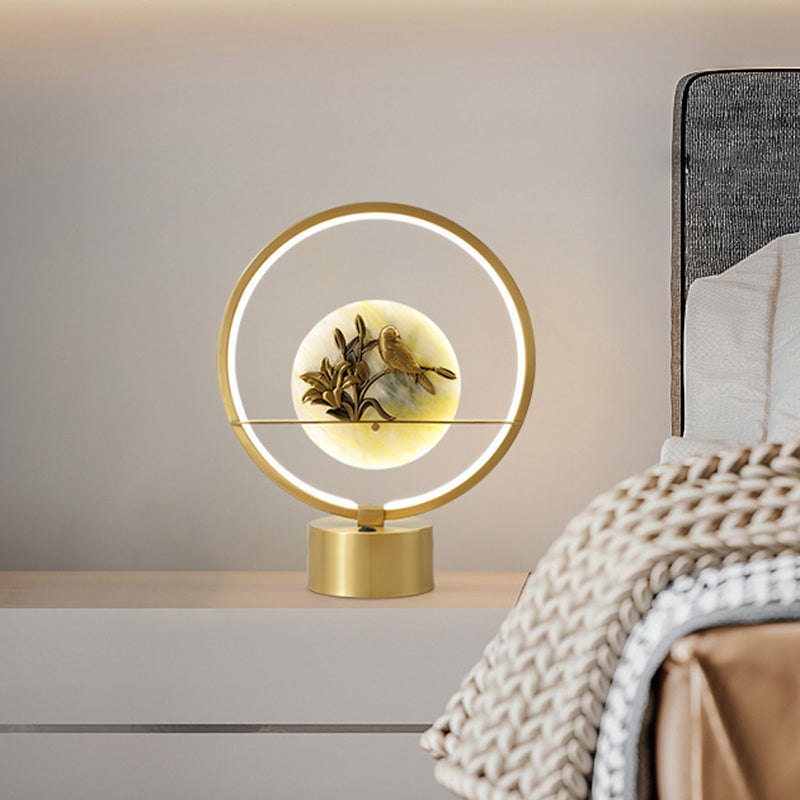 Circle Night Table Light Modernist Metal LED Gold Desk Lamp with Inner Flower and Bird Decor Clearhalo 'Lamps' 'Table Lamps' Lighting' 1391648