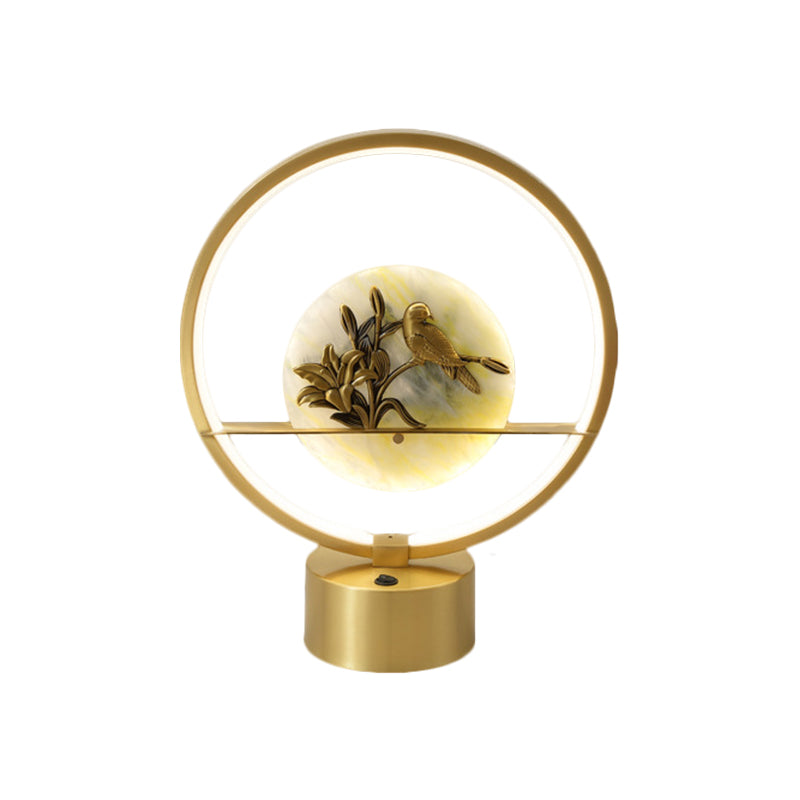 Circle Night Table Light Modernist Metal LED Gold Desk Lamp with Inner Flower and Bird Decor Clearhalo 'Lamps' 'Table Lamps' Lighting' 1391649