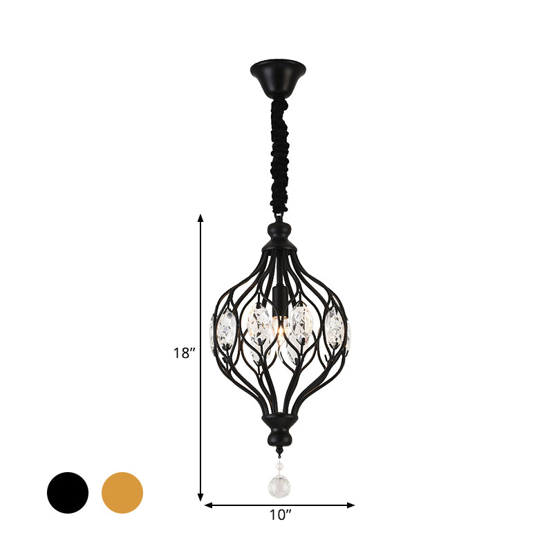 Lantern Bedroom Hanging Pendant Light Traditional Crystal 1 Bulb Black/Gold Ceiling Suspension Lamp Clearhalo 'Ceiling Lights' 'Pendant Lights' 'Pendants' Lighting' 1391930