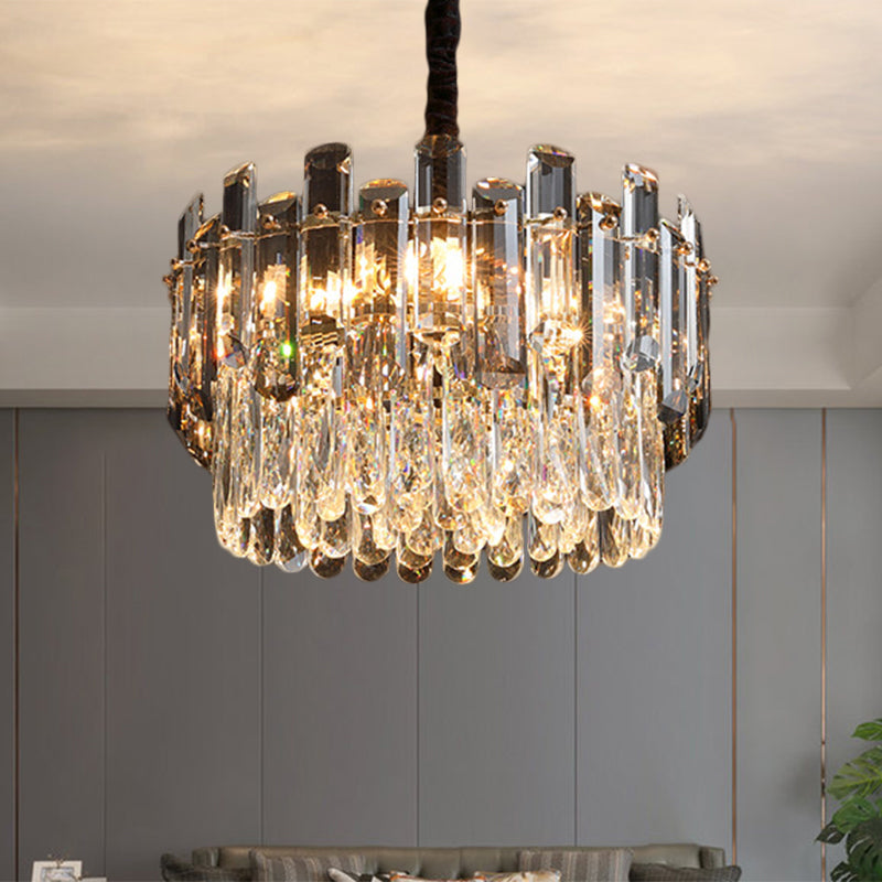 Clear Drum Suspension Lamp Modern Crystal Prismatic 6 Bulbs Dinning Hall Chandelier Light Fixture Clear Clearhalo 'Ceiling Lights' 'Chandeliers' 'Clear' 'Industrial' 'Modern Chandeliers' 'Modern' 'Tiffany' 'Traditional Chandeliers' Lighting' 1392022