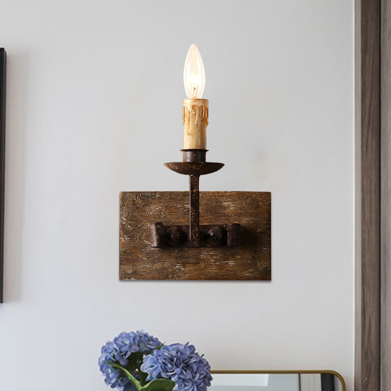 Rustic Style Candelabra Wall Light Fixture 1/2/3-Bulb Metallic Wall Mount Lamp in Brown with Rectangle Wood Backplate Clearhalo 'Wall Lamps & Sconces' 'Wall Lights' Lighting' 1392043