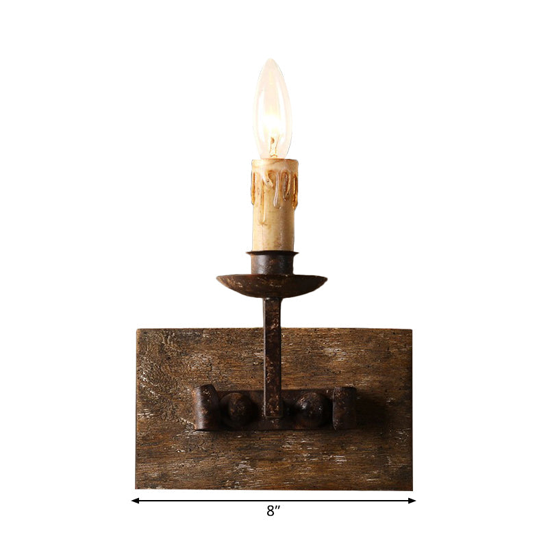 Rustic Style Candelabra Wall Light Fixture 1/2/3-Bulb Metallic Wall Mount Lamp in Brown with Rectangle Wood Backplate Clearhalo 'Wall Lamps & Sconces' 'Wall Lights' Lighting' 1392045