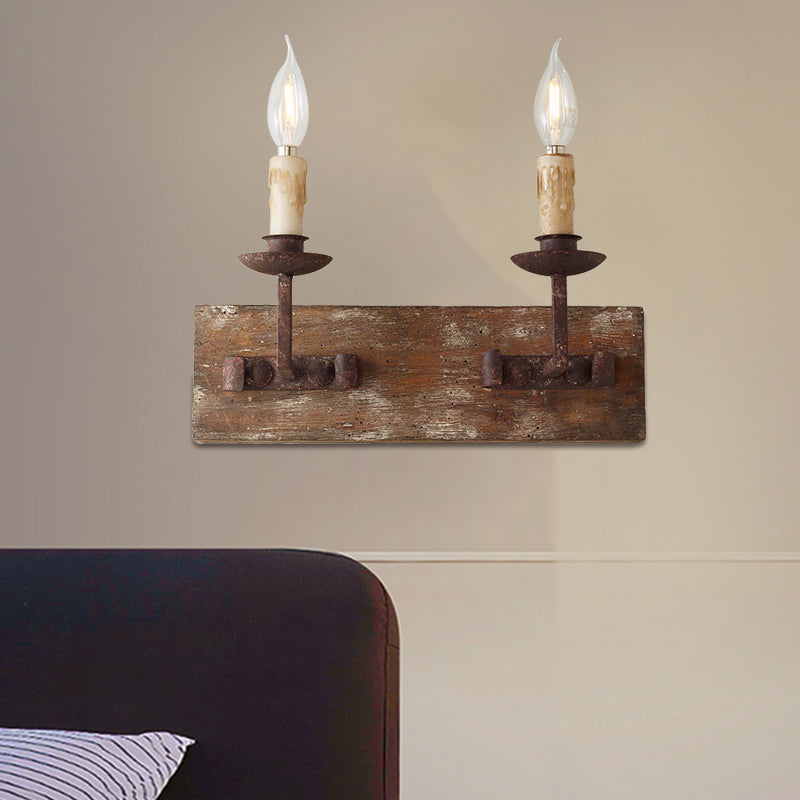 Rustic Style Candelabra Wall Light Fixture 1/2/3-Bulb Metallic Wall Mount Lamp in Brown with Rectangle Wood Backplate Clearhalo 'Wall Lamps & Sconces' 'Wall Lights' Lighting' 1392047