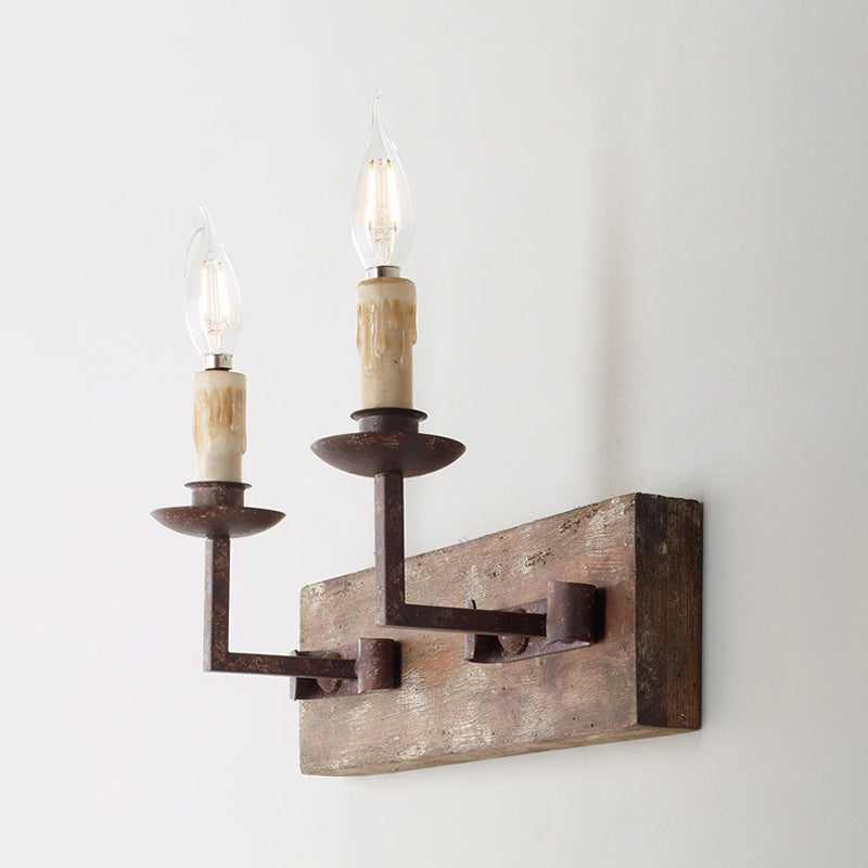 Rustic Style Candelabra Wall Light Fixture 1/2/3-Bulb Metallic Wall Mount Lamp in Brown with Rectangle Wood Backplate Clearhalo 'Wall Lamps & Sconces' 'Wall Lights' Lighting' 1392049