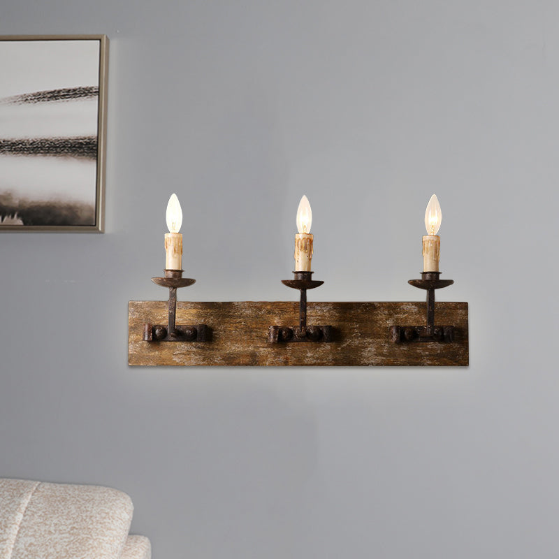 Rustic Style Candelabra Wall Light Fixture 1/2/3-Bulb Metallic Wall Mount Lamp in Brown with Rectangle Wood Backplate Clearhalo 'Wall Lamps & Sconces' 'Wall Lights' Lighting' 1392052