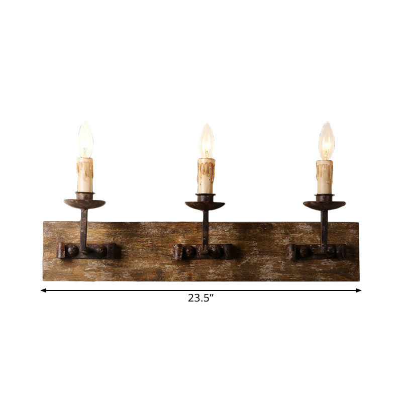 Rustic Style Candelabra Wall Light Fixture 1/2/3-Bulb Metallic Wall Mount Lamp in Brown with Rectangle Wood Backplate Clearhalo 'Wall Lamps & Sconces' 'Wall Lights' Lighting' 1392055