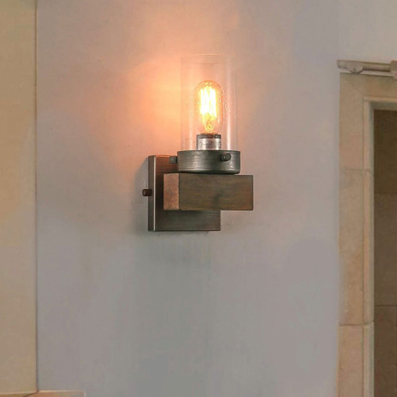 Countryside Cylindrical Wall Sconce Light 1/2-Light Clear Glass Wall Mount Lamp Fixture in Brown Clearhalo 'Wall Lamps & Sconces' 'Wall Lights' Lighting' 1392070