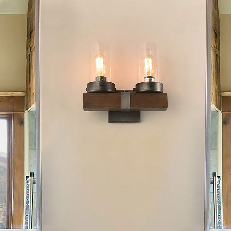 Countryside Cylindrical Wall Sconce Light 1/2-Light Clear Glass Wall Mount Lamp Fixture in Brown Clearhalo 'Wall Lamps & Sconces' 'Wall Lights' Lighting' 1392074