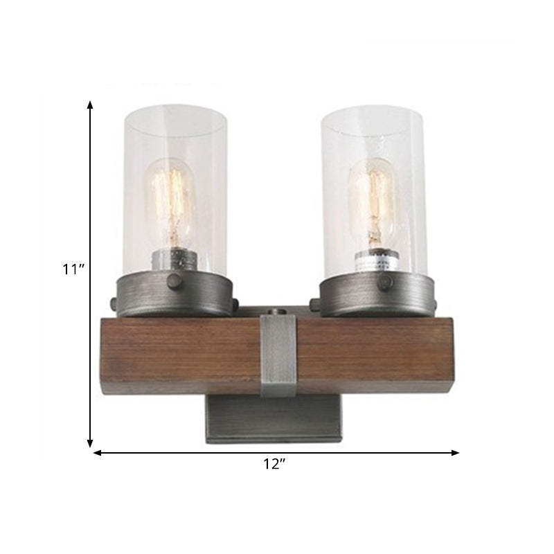 Countryside Cylindrical Wall Sconce Light 1/2-Light Clear Glass Wall Mount Lamp Fixture in Brown Clearhalo 'Wall Lamps & Sconces' 'Wall Lights' Lighting' 1392077