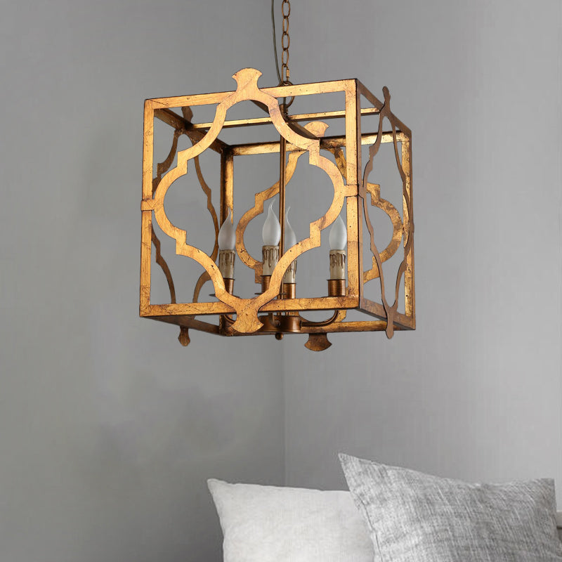 Antiqued Cube Cage Ceiling Chandelier 4 Lights Metal Candelabra Hanging Light Fixture in Brown Clearhalo 'Ceiling Lights' 'Chandeliers' Lighting' options 1392115