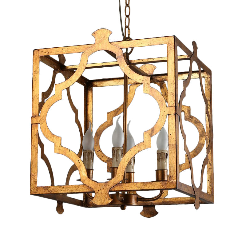 Antiqued Cube Cage Ceiling Chandelier 4 Lights Metal Candelabra Hanging Light Fixture in Brown Clearhalo 'Ceiling Lights' 'Chandeliers' Lighting' options 1392116