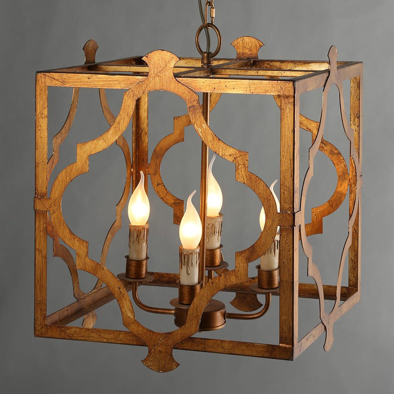 Antiqued Cube Cage Ceiling Chandelier 4 Lights Metal Candelabra Hanging Light Fixture in Brown Clearhalo 'Ceiling Lights' 'Chandeliers' Lighting' options 1392117