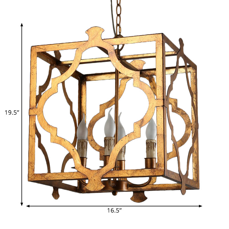 Antiqued Cube Cage Ceiling Chandelier 4 Lights Metal Candelabra Hanging Light Fixture in Brown Clearhalo 'Ceiling Lights' 'Chandeliers' Lighting' options 1392118