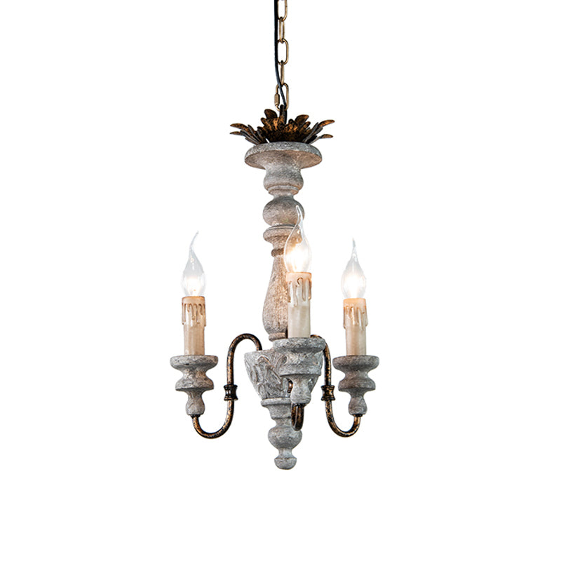 Grey Finish 3 Bulbs Hanging Chandelier Countryside Wood Candle Ceiling Suspension Light Clearhalo 'Ceiling Lights' 'Chandeliers' Lighting' options 1392120