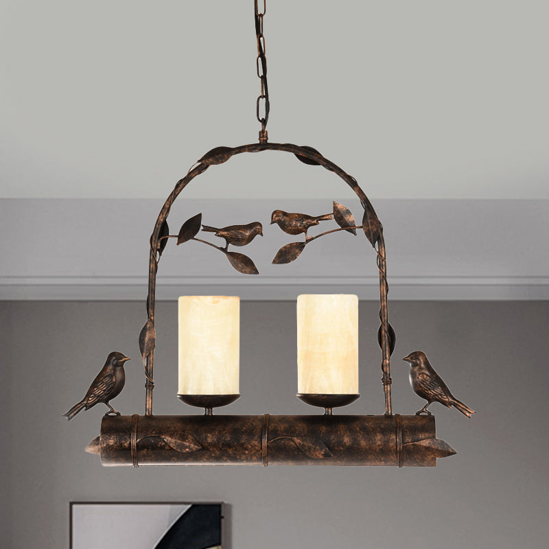 2 Lights Pendant Chandelier Vintage Bird Cage Metal Hanging Lamp Kit with Cylinder Opal Glass Shade in Antique Black Antique Black Clearhalo 'Ceiling Lights' 'Chandeliers' Lighting' options 1392127_0366e5c1-755f-4858-ac53-4fd02cfc60b1