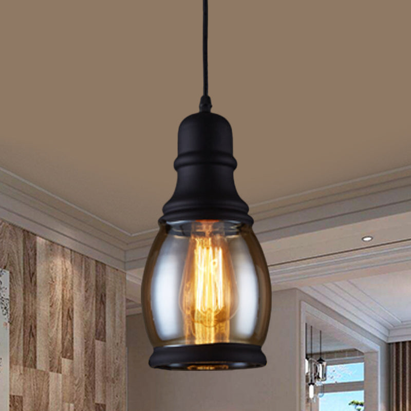 Industrial Jar-Shape Pendant Light Kit 1 Head Clear Glass Ceiling Hang Fixture in Black Black B Clearhalo 'Ceiling Lights' 'Close To Ceiling Lights' 'Glass shade' 'Glass' 'Industrial Pendants' 'Industrial' 'Middle Century Pendants' 'Pendant Lights' 'Pendants' 'Tiffany' Lighting' 1392135