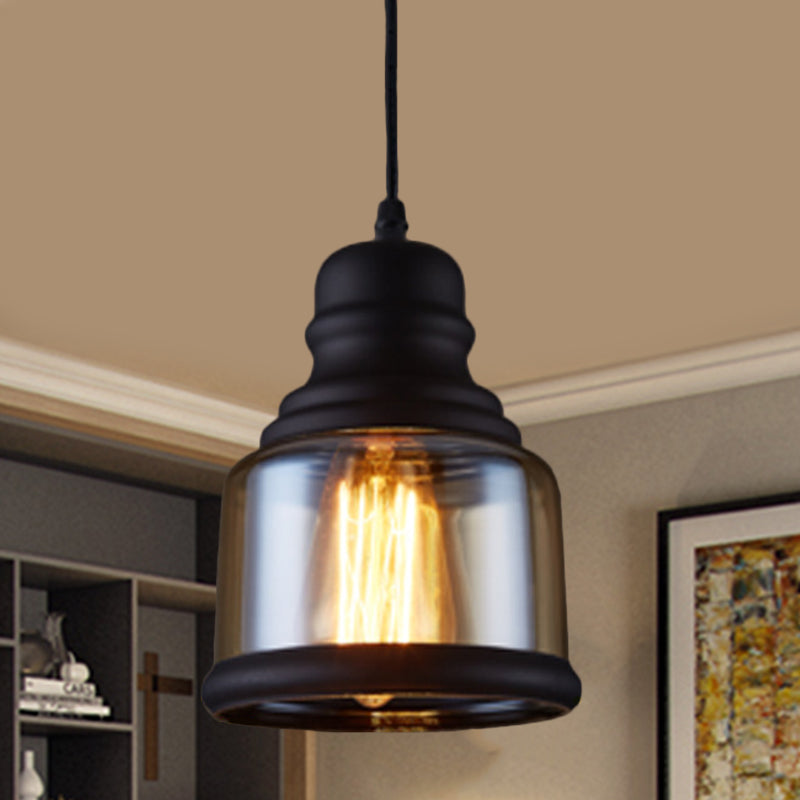 Industrial Jar-Shape Pendant Light Kit 1 Head Clear Glass Ceiling Hang Fixture in Black Black A Clearhalo 'Ceiling Lights' 'Close To Ceiling Lights' 'Glass shade' 'Glass' 'Industrial Pendants' 'Industrial' 'Middle Century Pendants' 'Pendant Lights' 'Pendants' 'Tiffany' Lighting' 1392140