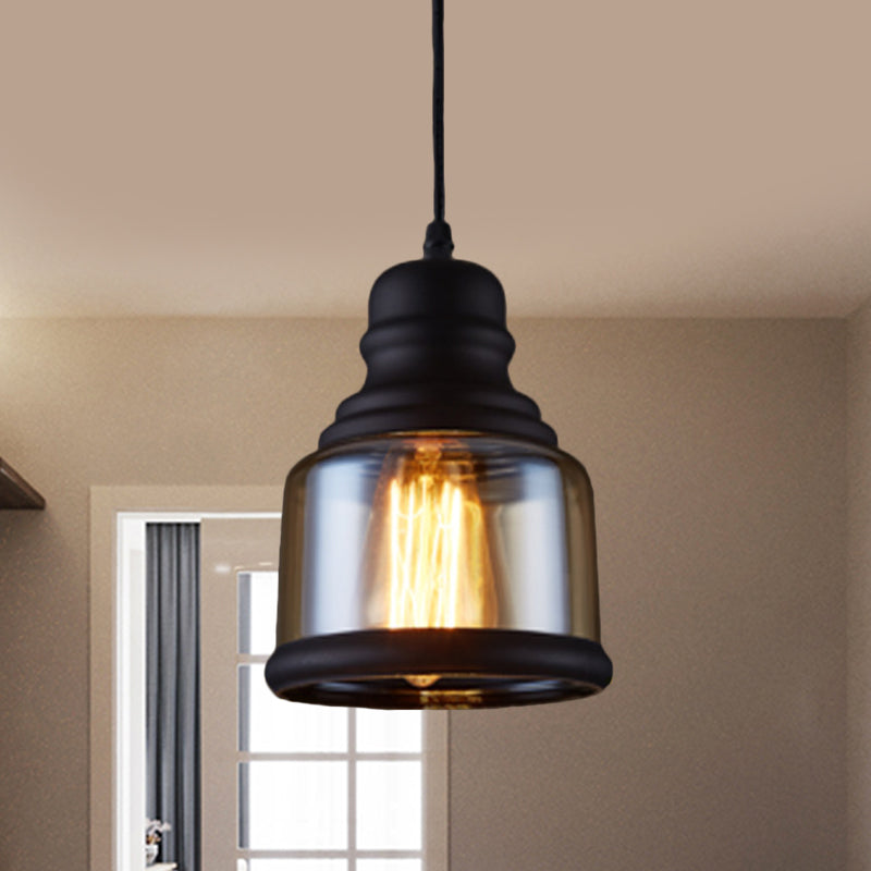 Industrial Jar-Shape Pendant Light Kit 1 Head Clear Glass Ceiling Hang Fixture in Black Clearhalo 'Ceiling Lights' 'Close To Ceiling Lights' 'Glass shade' 'Glass' 'Industrial Pendants' 'Industrial' 'Middle Century Pendants' 'Pendant Lights' 'Pendants' 'Tiffany' Lighting' 1392141